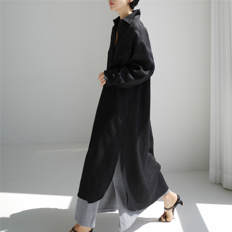 Ladies Long Light Shirt Blouse Midaxi Dress with Kent Collar and High Side Slits Mune Fashion