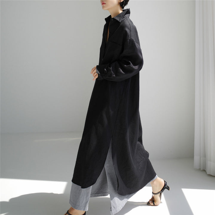 Ladies Long Light Shirt Blouse Midaxi Dress with Kent Collar and High Side Slits Mune Fashion