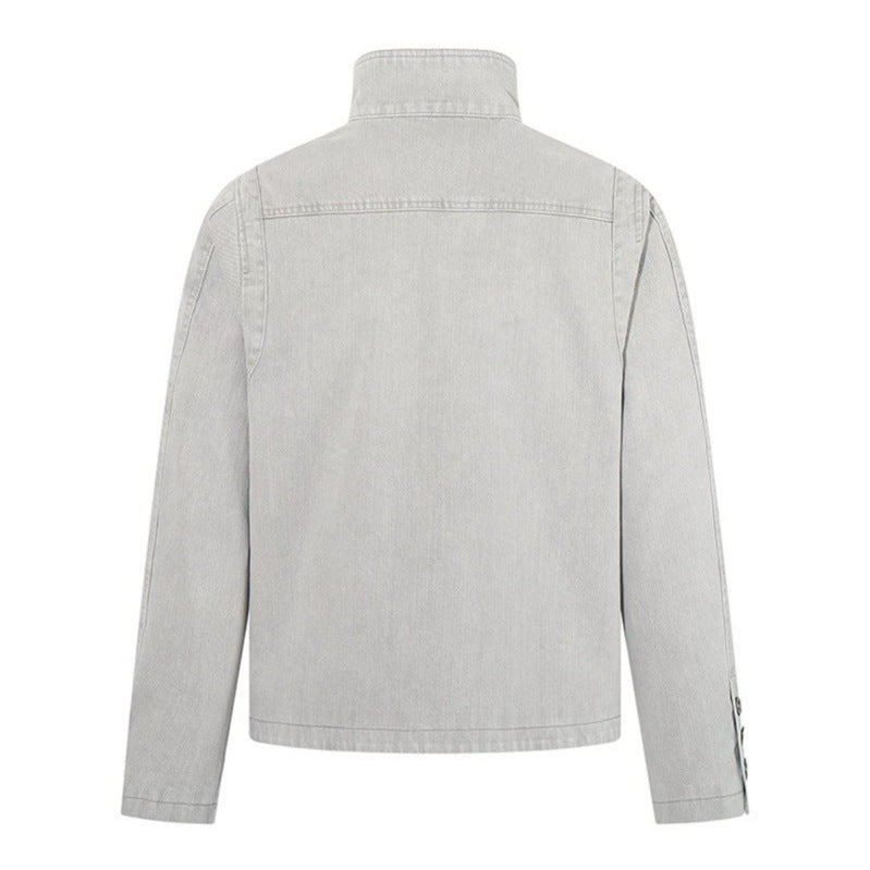 Men's asymmetrical denim jacket with stand-up collar and double-breasted snap closure Mune Fashion