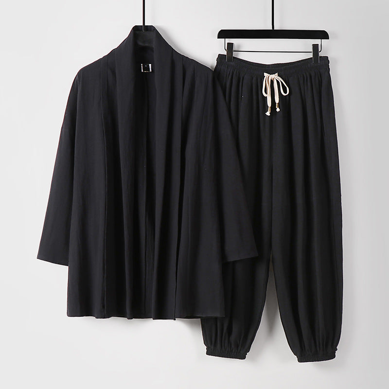 Unisex Relaxed Kimono Two-Piece Set Made of Cotton Muslin with Shawl Collar Jacket and Gathered Ankle Pants Mune Fashion