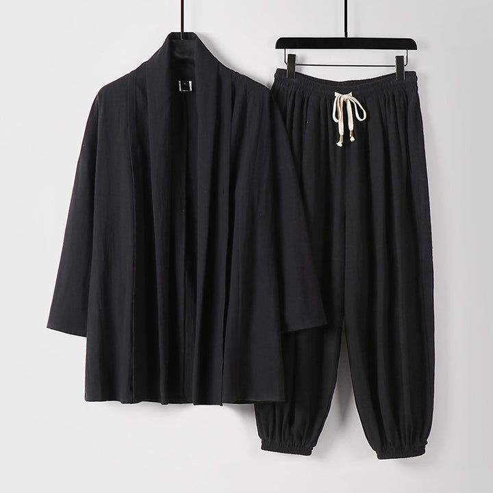Unisex Relaxed Kimono Two-Piece Set Made of Cotton Muslin with Shawl Collar Jacket and Gathered Ankle Pants Mune Fashion