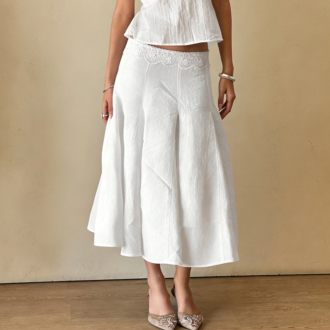 Women's midi skirt with high stretch lace waistband, flared godet panels and tailored darts Mune Fashion