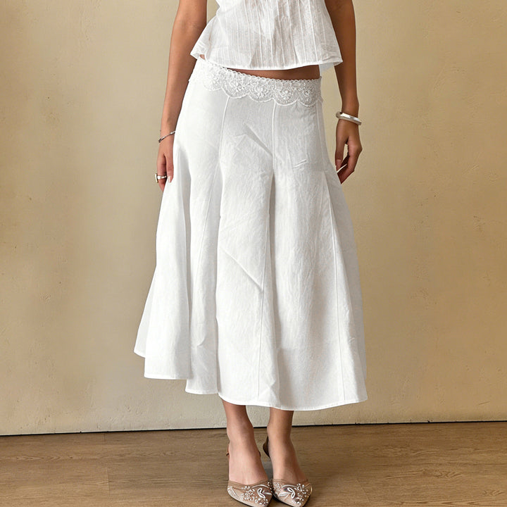 Women's midi skirt with high stretch lace waistband, flared godet panels and tailored darts Mune Fashion