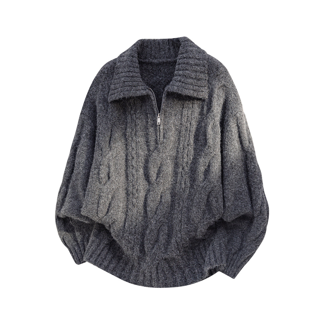 Women's Oversize Knit Sweater with Half Zip, Cable Pattern and Balloon Sleeves Mune Fashion