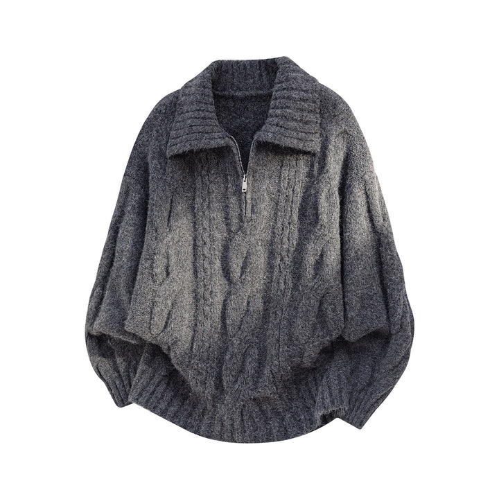 Women's Oversize Knit Sweater with Half Zip, Cable Pattern and Balloon Sleeves Mune Fashion