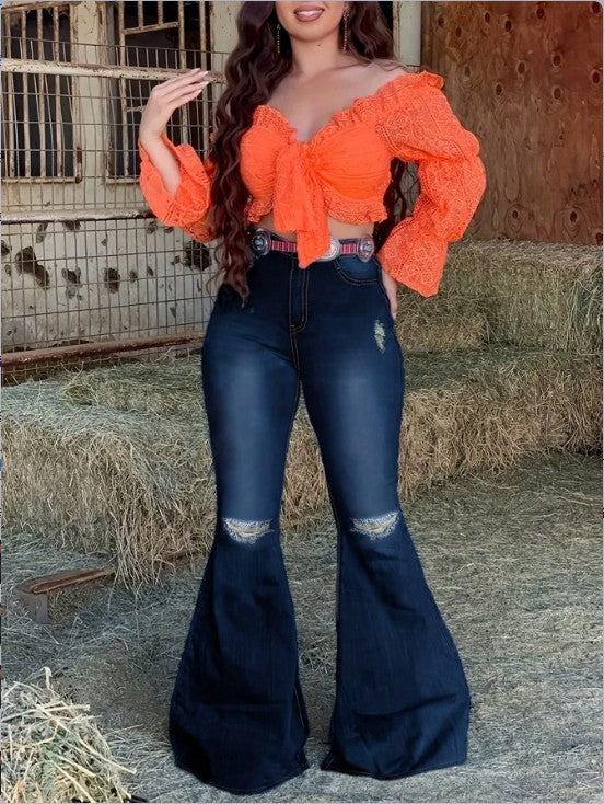 Women's High-Waisted Flared Jeans with Flared Leg, Knee Rips, and Figure-Enhancing Stretch Waistband Mune Fashion