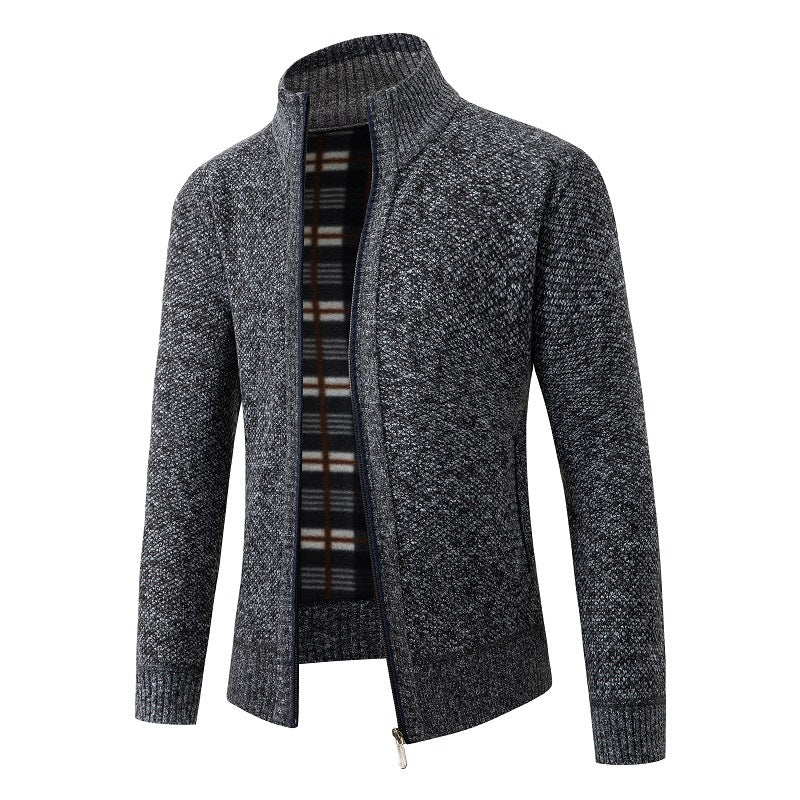 Men's Structured Zip Cardigan with Check Fleece Lining and Stand-Up Collar Mune Fashion