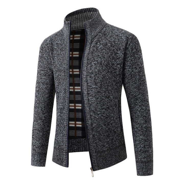 Men's Structured Zip Cardigan with Check Fleece Lining and Stand-Up Collar Mune Fashion