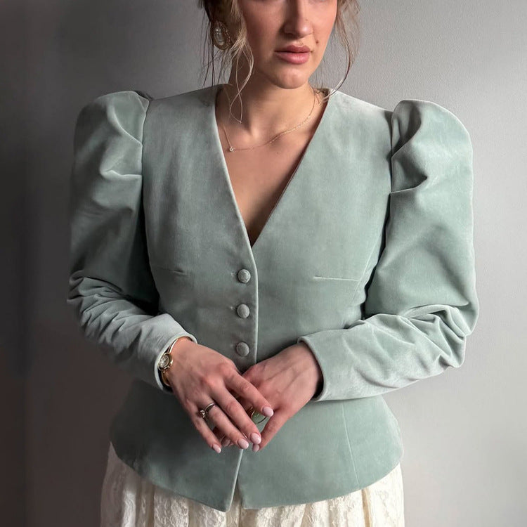 Women Fitted Velvet Blazer with Emphasized Waist, V-Neck and Voluminous Puff Sleeves Mune Fashion