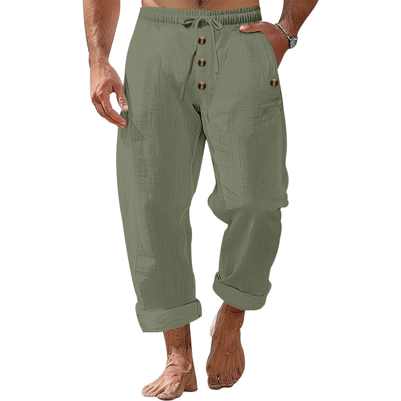 Men's casual linen-cotton pants with elastic waistband, drawstring, and rolled-up hem Mune Fashion