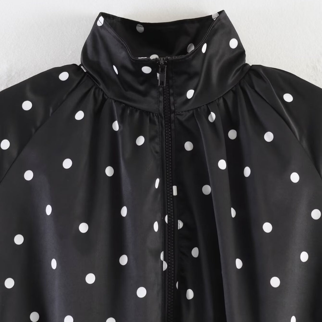 Women's lightweight blouson jacket with polka dots and stand-up collar, zipper and elastic hem Mune Fashion