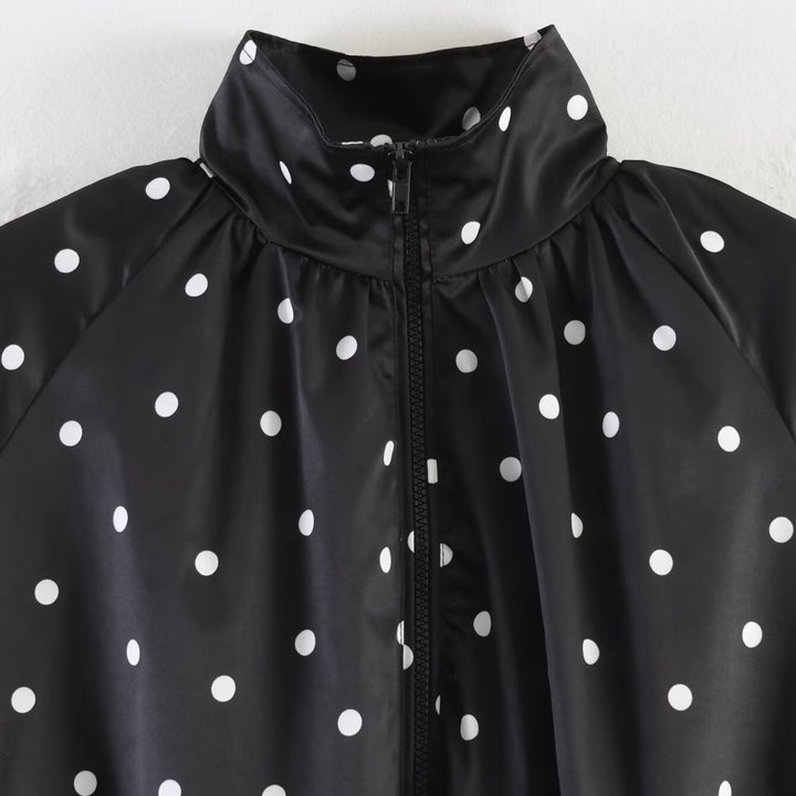 Women's lightweight blouson jacket with polka dots and stand-up collar, zipper and elastic hem Mune Fashion