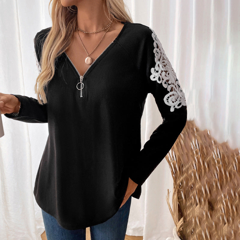 Women's Long Sleeve Tunic with V-Neck, Zipper and Floral Lace Sleeves Mune Fashion