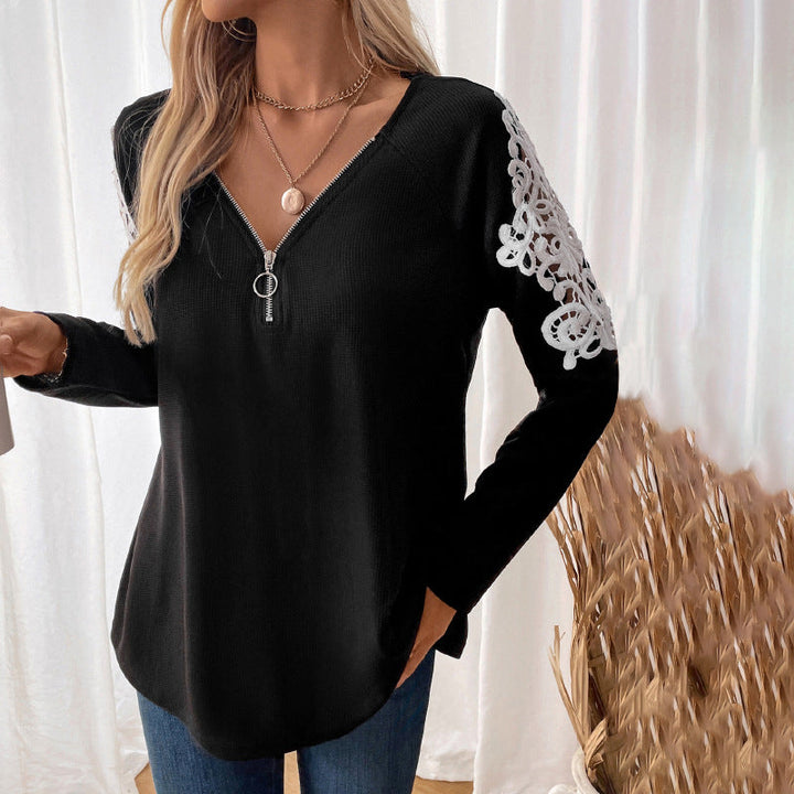Women's Long Sleeve Tunic with V-Neck, Zipper and Floral Lace Sleeves Mune Fashion