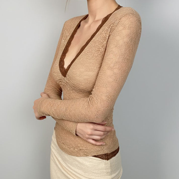 Ladies Transparent Lace Bodysuit with V-Neck and Figure-Hugging Waist Seam Mune Fashion