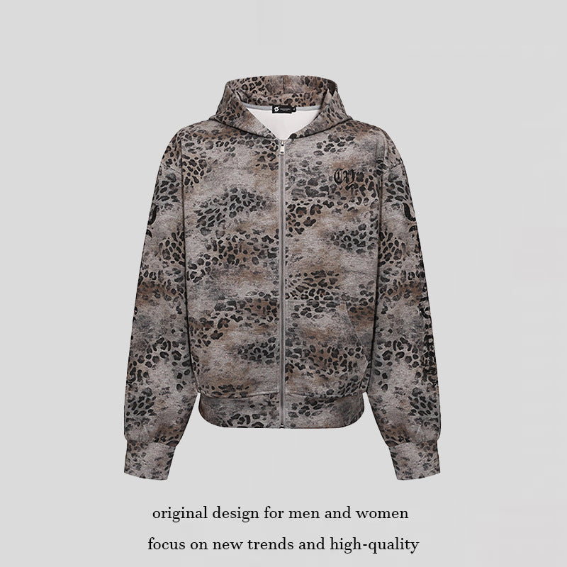 Women's hooded sweatshirt jacket with full zip and allover leopard print Mune Fashion
