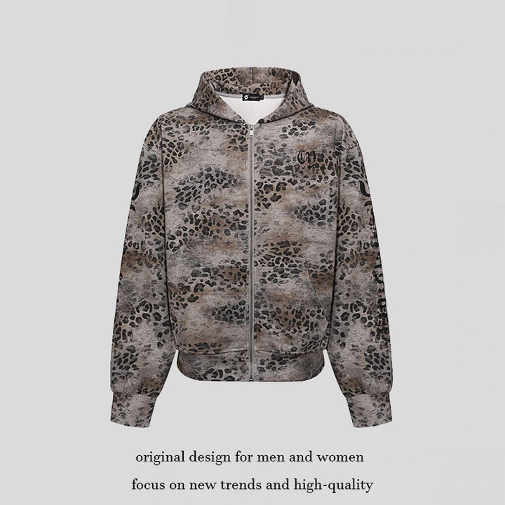 Women's hooded sweatshirt jacket with full zip and allover leopard print Mune Fashion