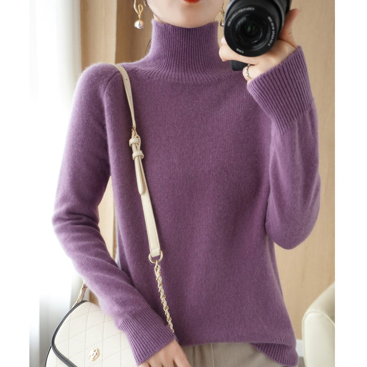 Women's Luxury Fine Knit Turtleneck Sweater with Thumbhole Cuffs and Feminine Shoulder Yoke Mune Fashion