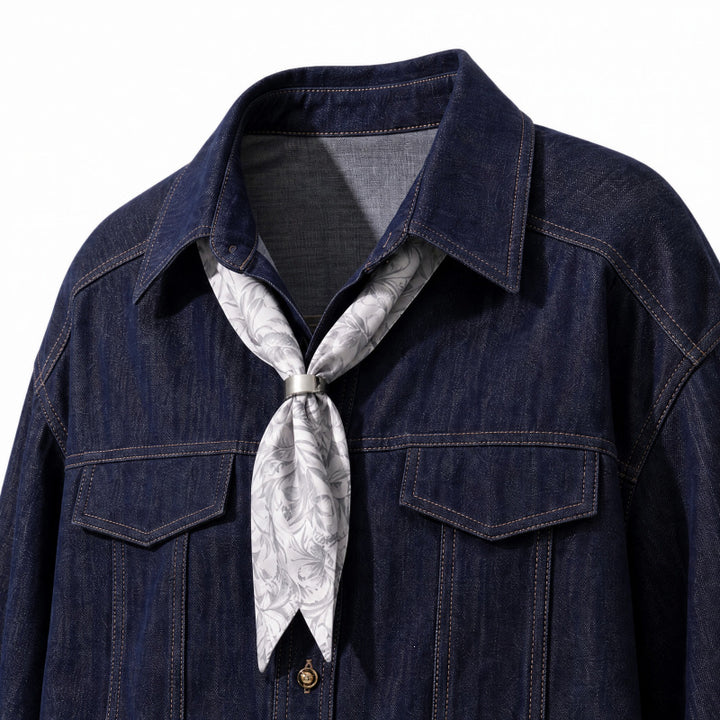Women's Oversize Chambray Blouse with Decorative Seams, Chest Pockets & Integrated Neck Scarf Mune Fashion