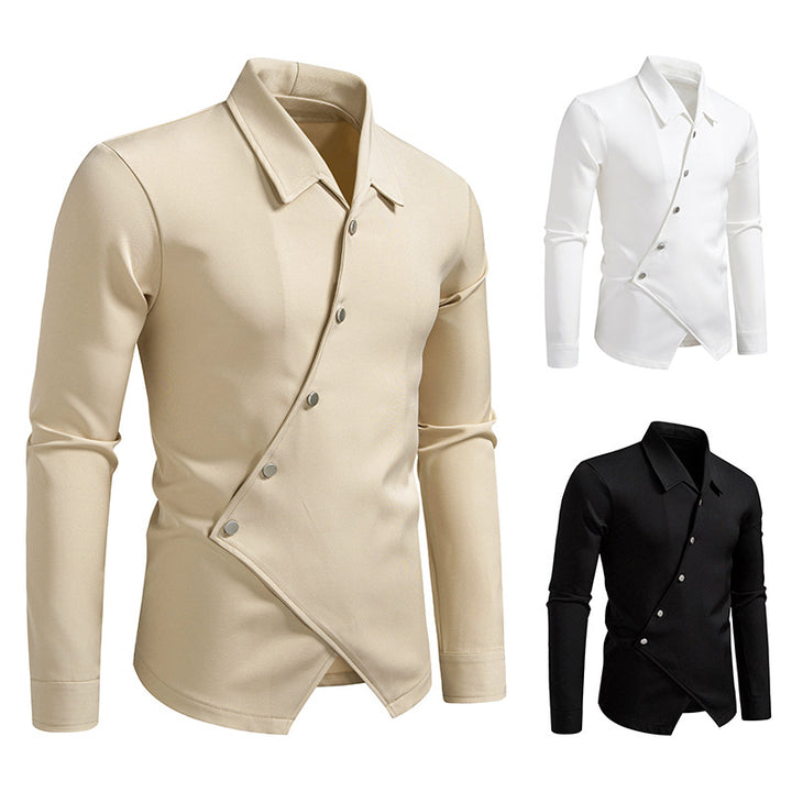Men's Asymmetrical Shirt with Diagonal Button Placket and Shirt Collar Mune Fashion
