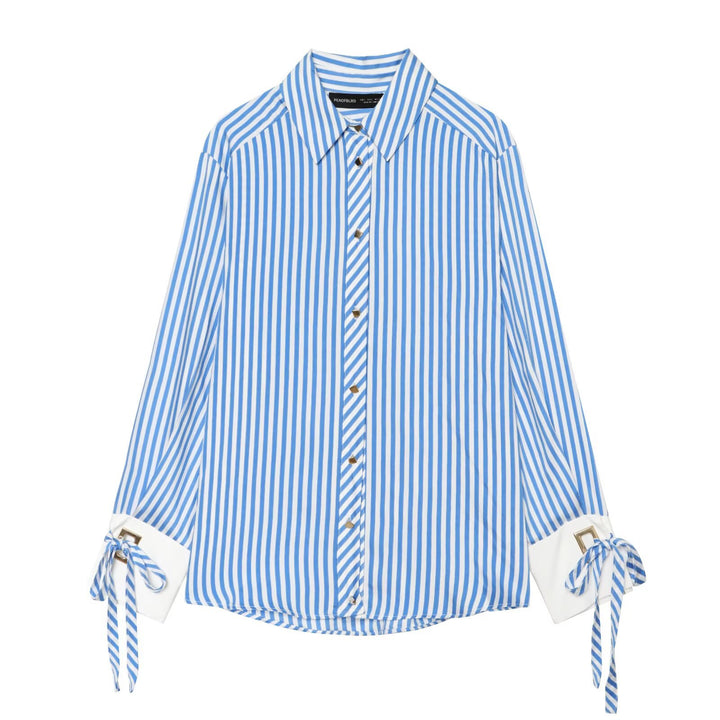 Women Striped Oversized Blouse with Long Sleeves, Decorative Cuffs and Ties Mune Fashion