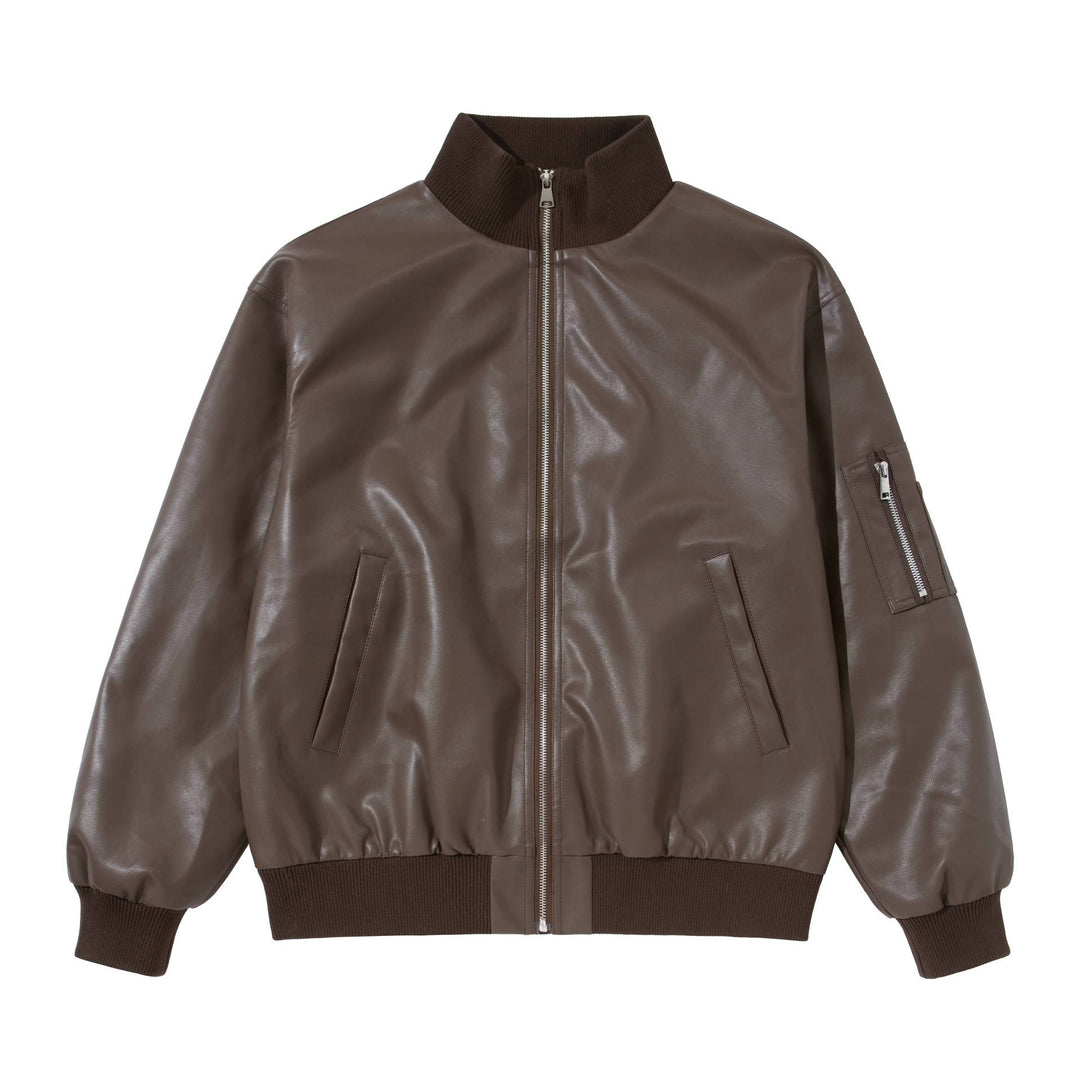 Men's faux leather bomber jacket in boxy cut with high ribbed collar and sleeve utility pocket Mune Fashion