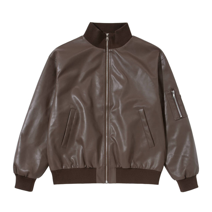 Men's faux leather bomber jacket in boxy cut with high ribbed collar and sleeve utility pocket Mune Fashion