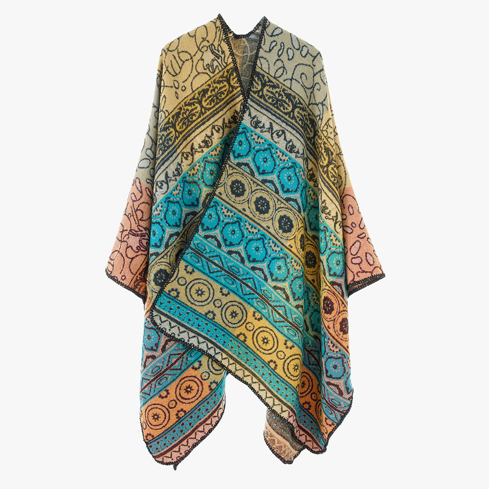 Women's Jacquard Cape with geometric ornament pattern and contrasting overlock seam Mune Fashion