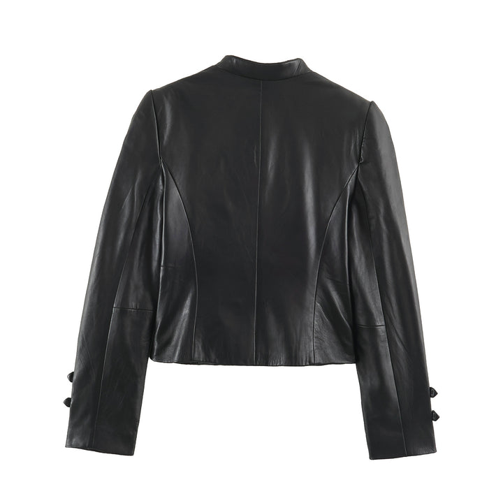 Women Cropped Leather Look Jacket in military-inspired design with stand-up collar and decorative buttons Drune