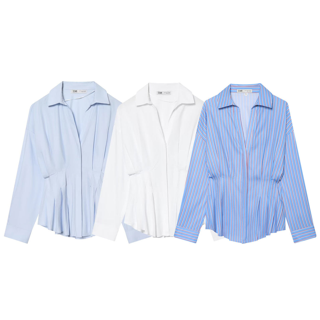 Women's Loose Shirt Blouse with Waist Pleats and Dropped Shoulders Mune Fashion