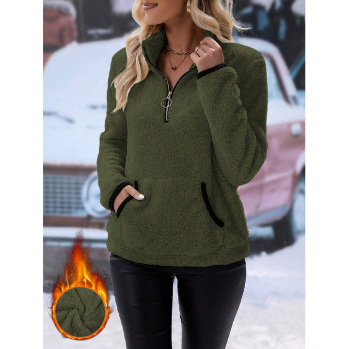 Women's fluffy fleece cuddle pullover with half zipper, kangaroo pocket and stand-up collar Mune Fashion