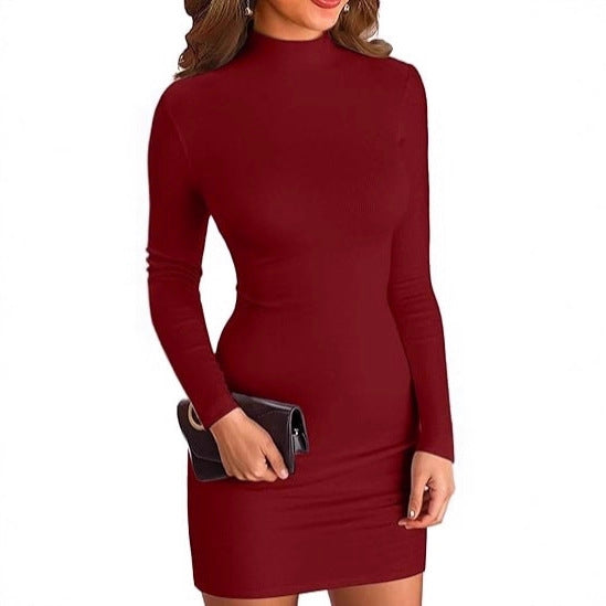 Women's Elegant Long Sleeve Dress with High Collar Mune Fashion