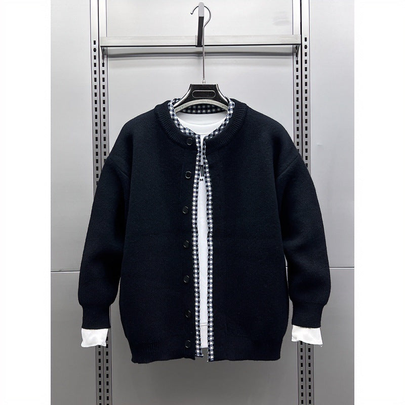 Unisex Casual Knit Jacket in Layering Look with Round Neck and Contrast Check Inner Layer Mune Fashion