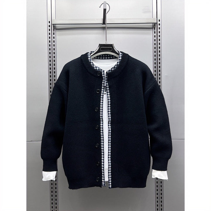 Unisex Casual Knit Jacket in Layering Look with Round Neck and Contrast Check Inner Layer Mune Fashion