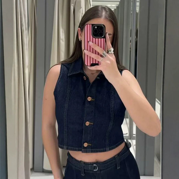 Women Short Cut Denim Vest with Tailored Paneling and Metal Button Placket Mune Fashion