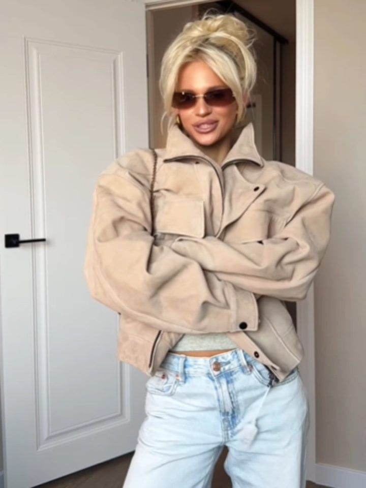 Women Oversize Suede Look Jacket with Flap Pockets and Stand-Up Collar Mune Fashion