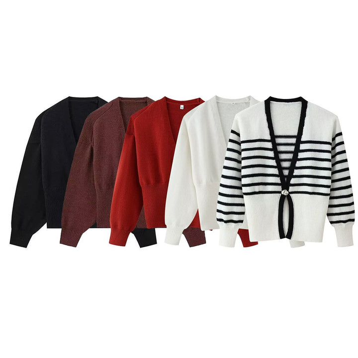 Women Short V-Neck Cardigan with Balloon Sleeves and Decorative Button Mune Fashion