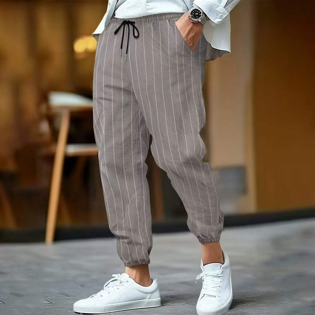 Men's striped linen look joggers with drawstring, elastic hem, and side pockets Mune Fashion