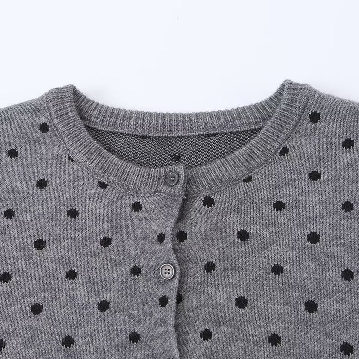 Women's Short Fine Knit Cardigan with Round Neck, Allover Polka Dot Pattern and Button Placket
