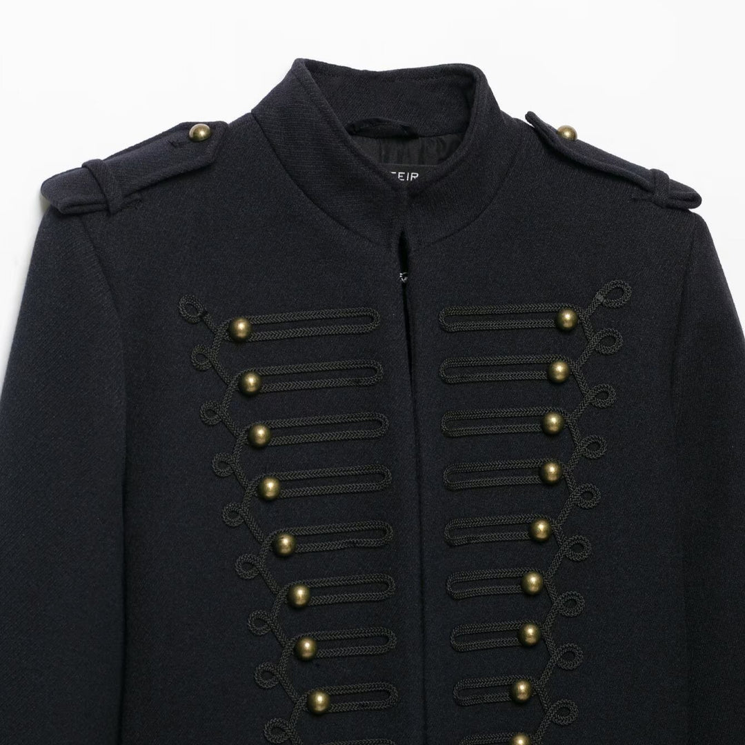 Women's Slim Military-Inspired Short Jacket with Cord Decoration and Brass Buttons Mune Fashion