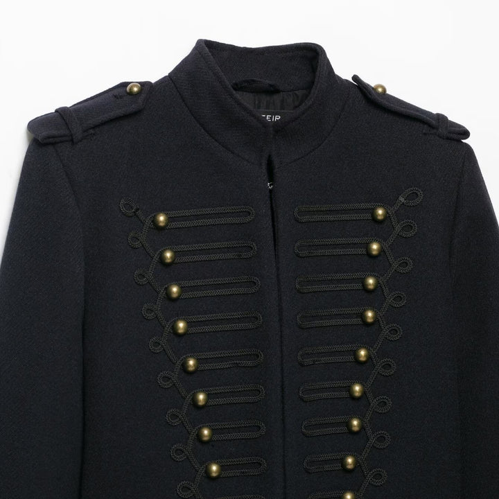 Women's Slim Military-Inspired Short Jacket with Cord Decoration and Brass Buttons Mune Fashion