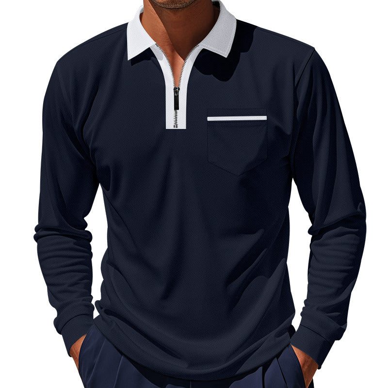 Men's long-sleeved zip polo shirt with chest pocket and contrast collar Mune Fashion