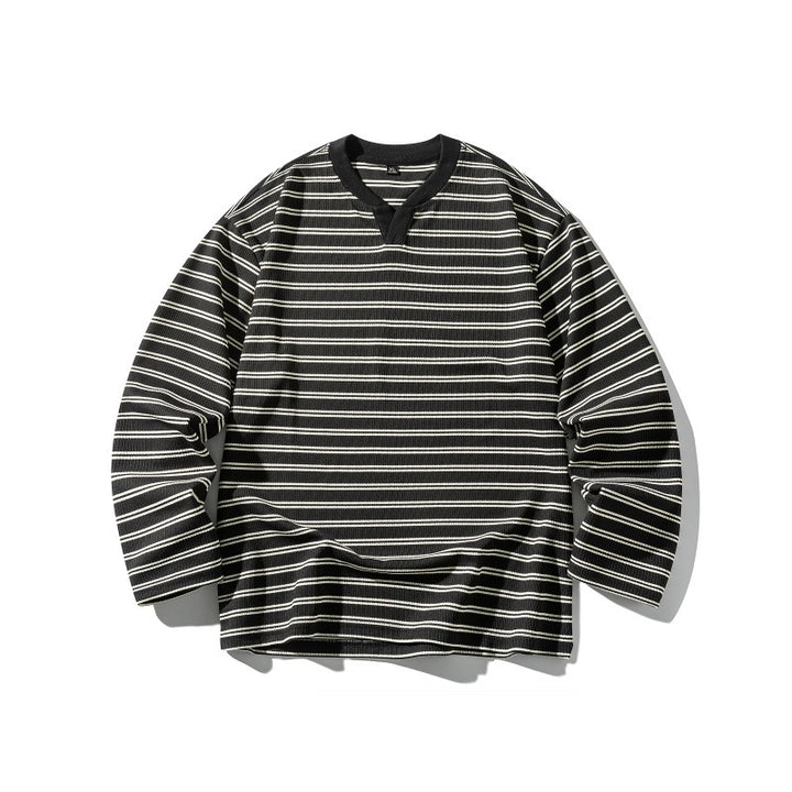 Unisex Striped Textured Long Sleeve with Notch V-Neck and Ribbed Structure Mune Fashion