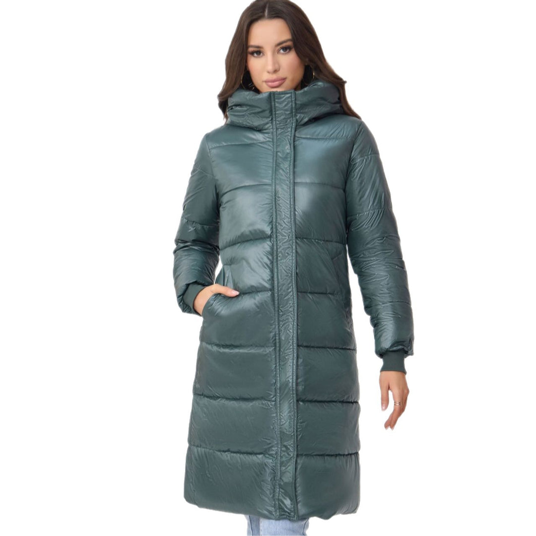 Women Long Puffer Coat with High Stand-Up Collar, Quilted Padding, and Elastic Cuffs Mune Fashion