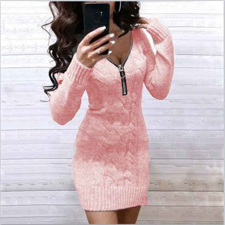 Ladies Knit Dress with Zipper and Cable Pattern Mune