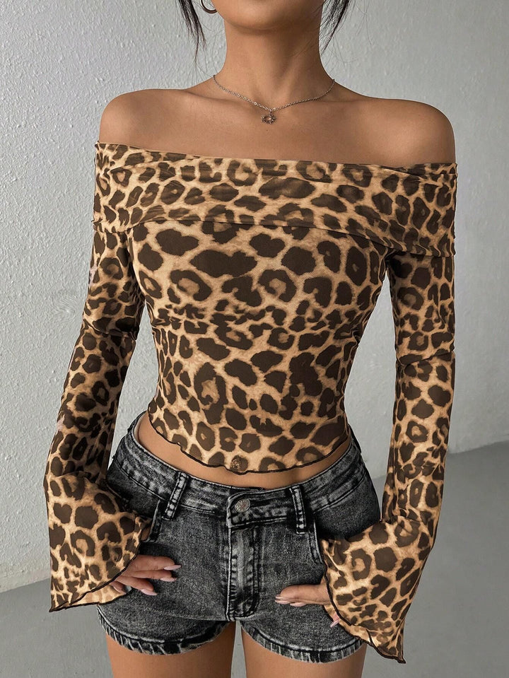 Women’s fitted off-the-shoulder mesh crop top with leopard print and flared sleeves Mune Fashion