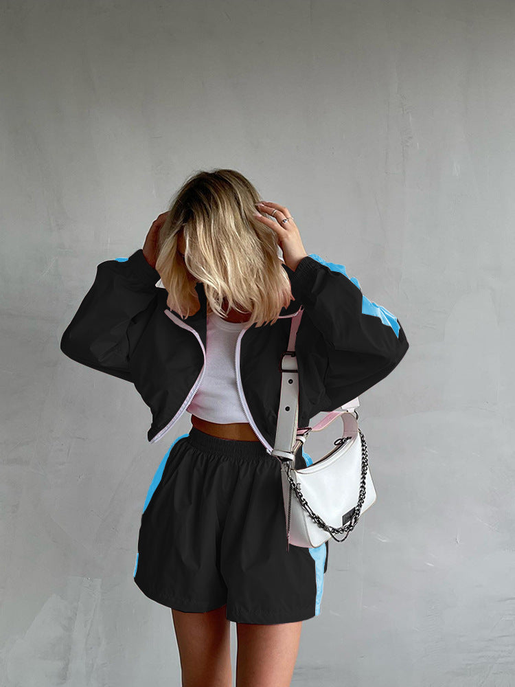 Women's nano short sports tracksuit with crop zip jacket and elastic high-waist shorts Mune Fashion