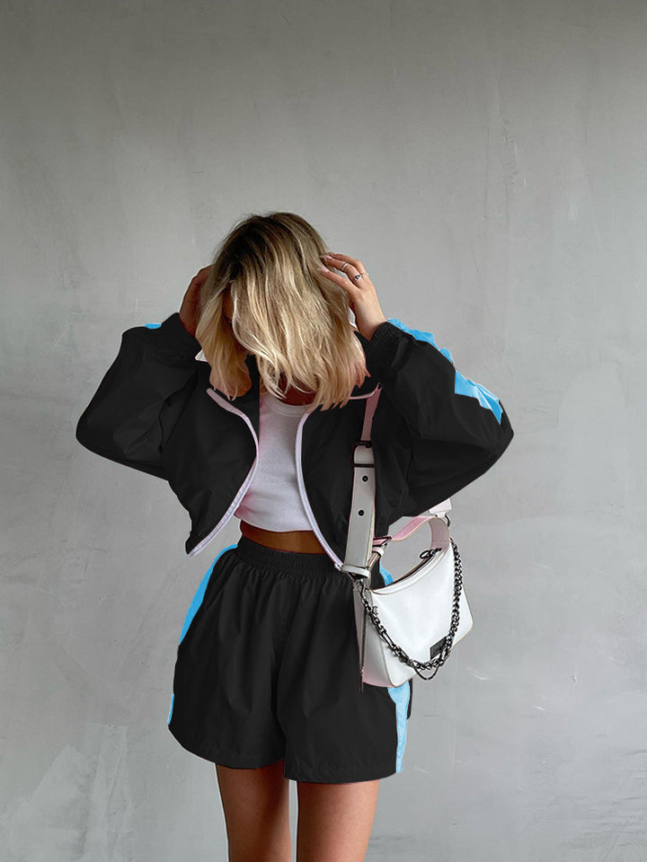 Women's nano short sports tracksuit with crop zip jacket and elastic high-waist shorts Mune Fashion