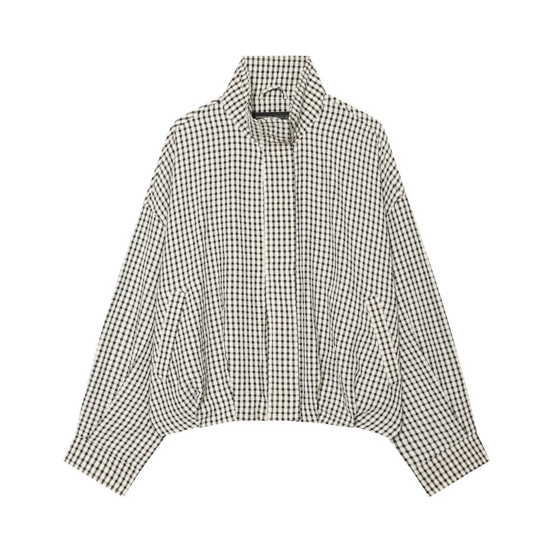Women's Oversized Check Jacket with Stand-Up Collar and Gathered Hem Mune Fashion