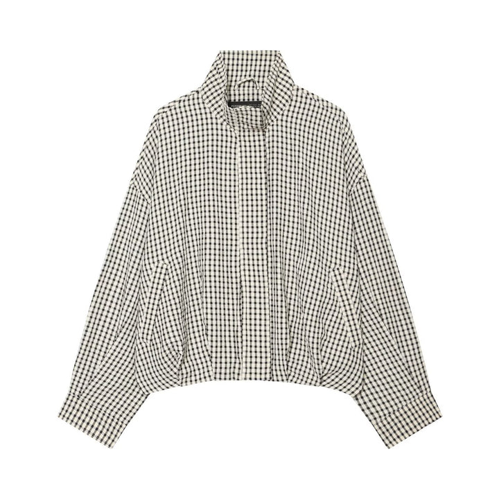 Women's Oversized Check Jacket with Stand-Up Collar and Gathered Hem Mune Fashion